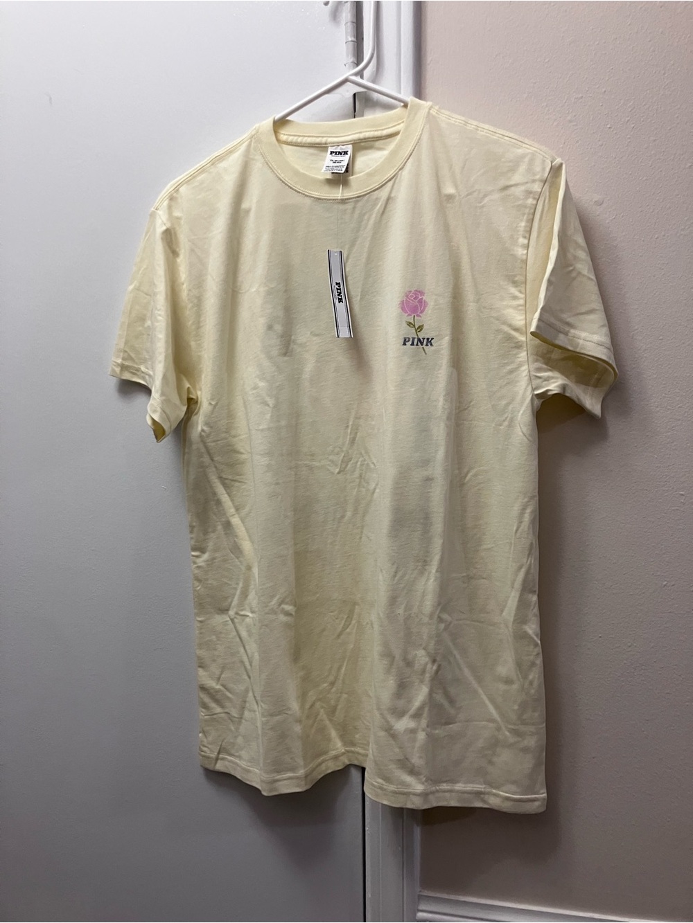 PINK Victoria's Secret Light Yellow Tee with Pink Rose Graphic